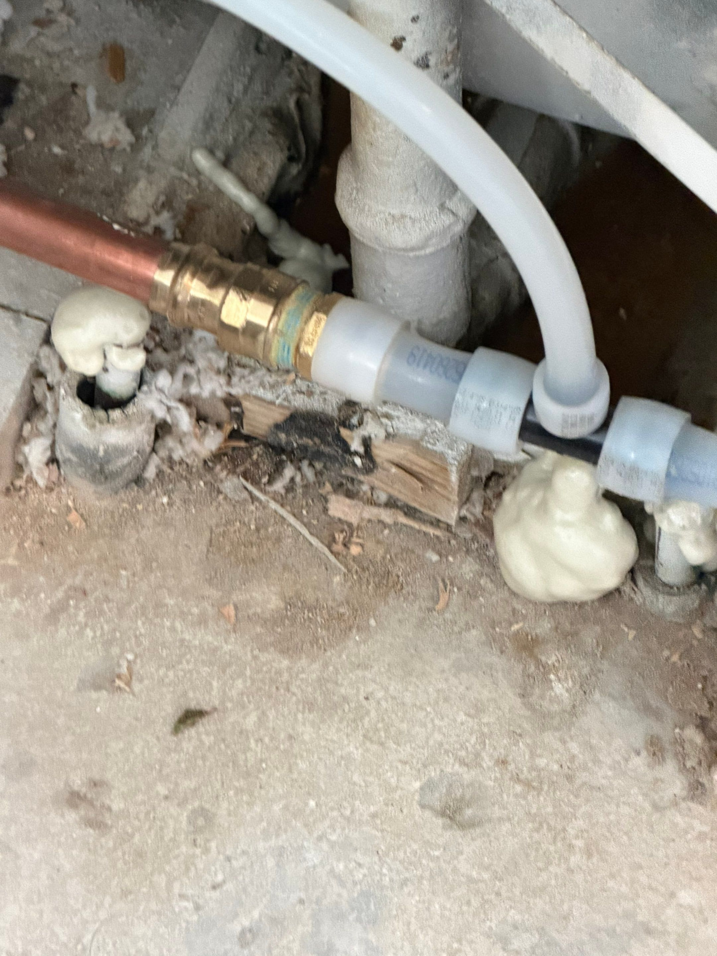 Brass transition fitting joining existing copper to new PEX at a slab penetration, foam sealed