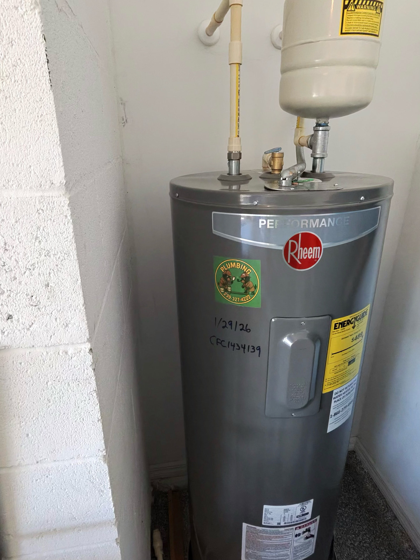 Fifty gallon Rheem Performance water heater with thermal expansion tank piped off the cold supply